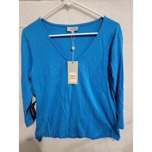 Live Unlimited London Blue Slub Cotton V-Neck 3/4‎ Sleeve Top NWT Size Small